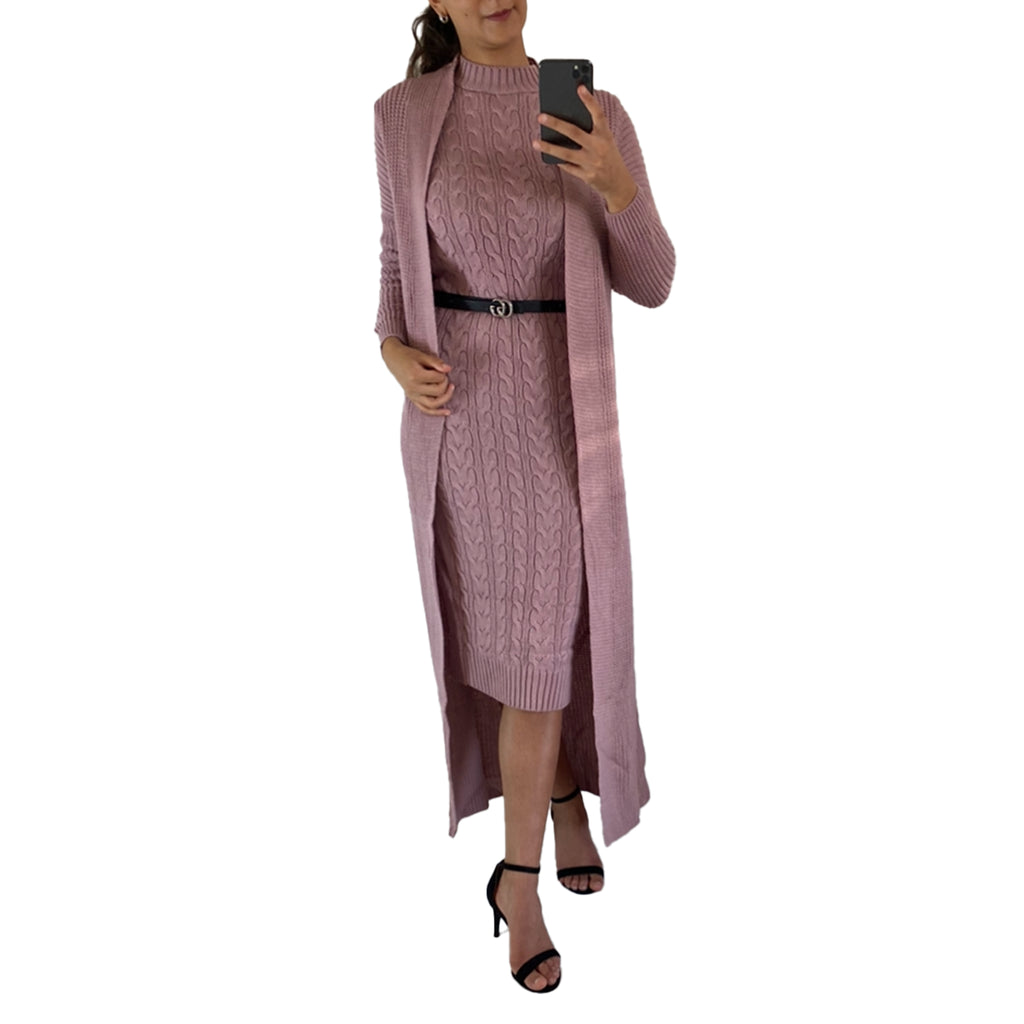 stram lyserød lang strik kjole