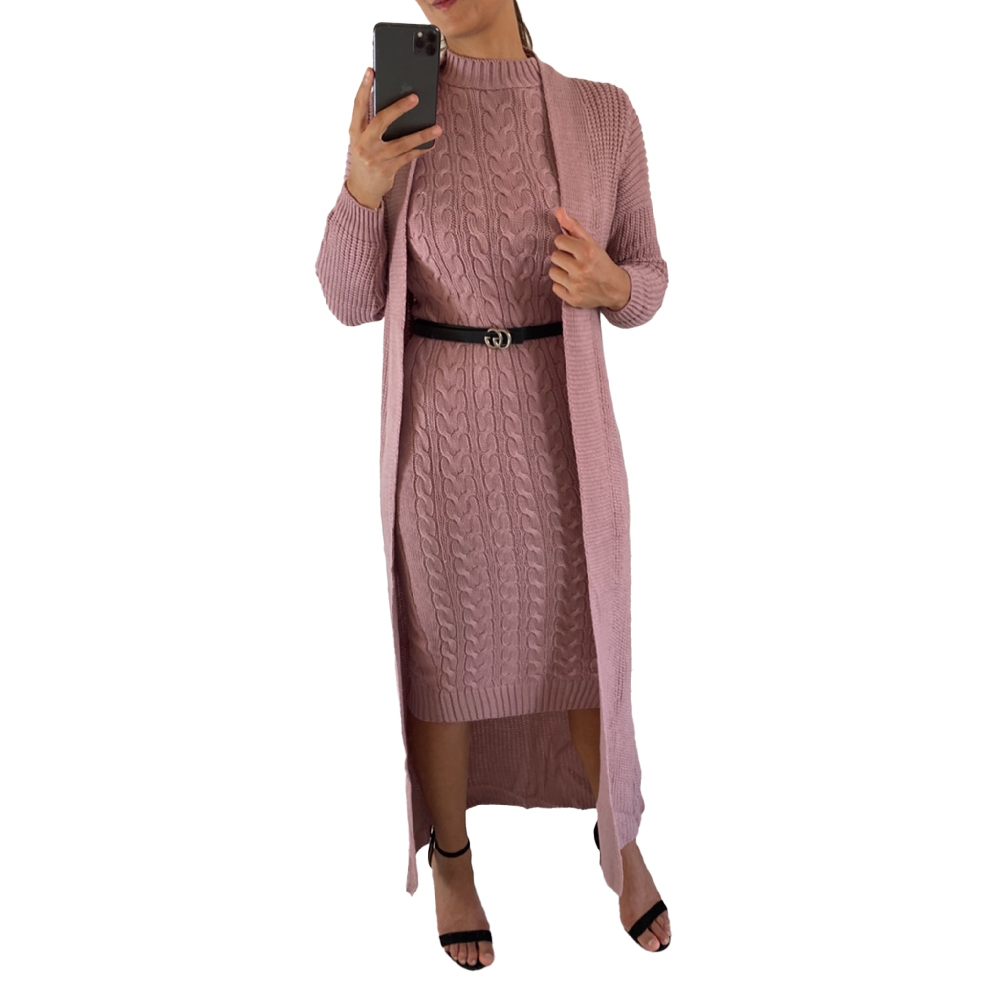 lyserød lang strik kjole med hals og lange ærmer